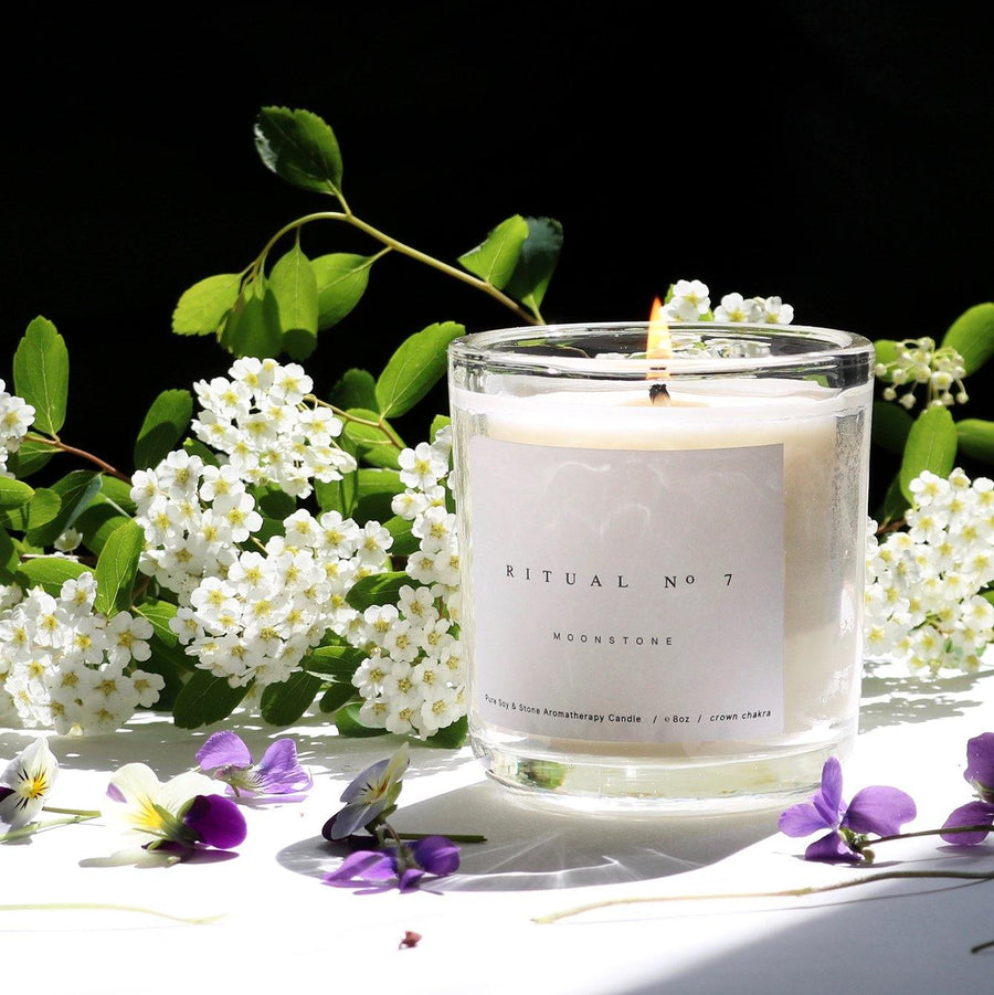 MIZU brand moonstone crystal infused essential oil candle floral citrus
