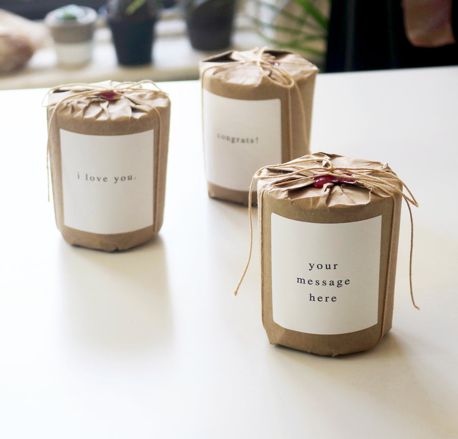 Mizu brand Candle Gift wrap with customized message