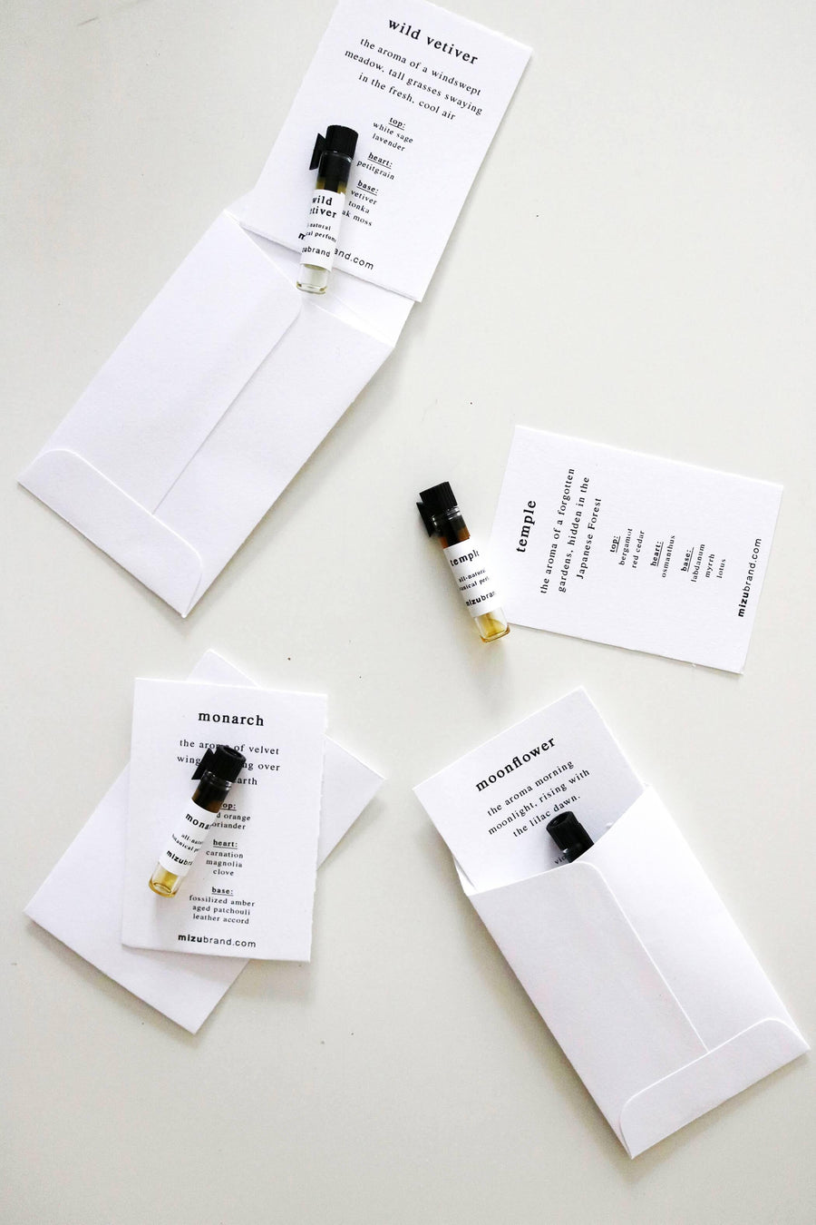 MIZU brand botanical perfume sample vials