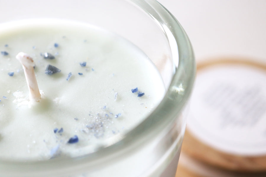 MIZU brand Throat Chakra Candle sodalite crystal detail